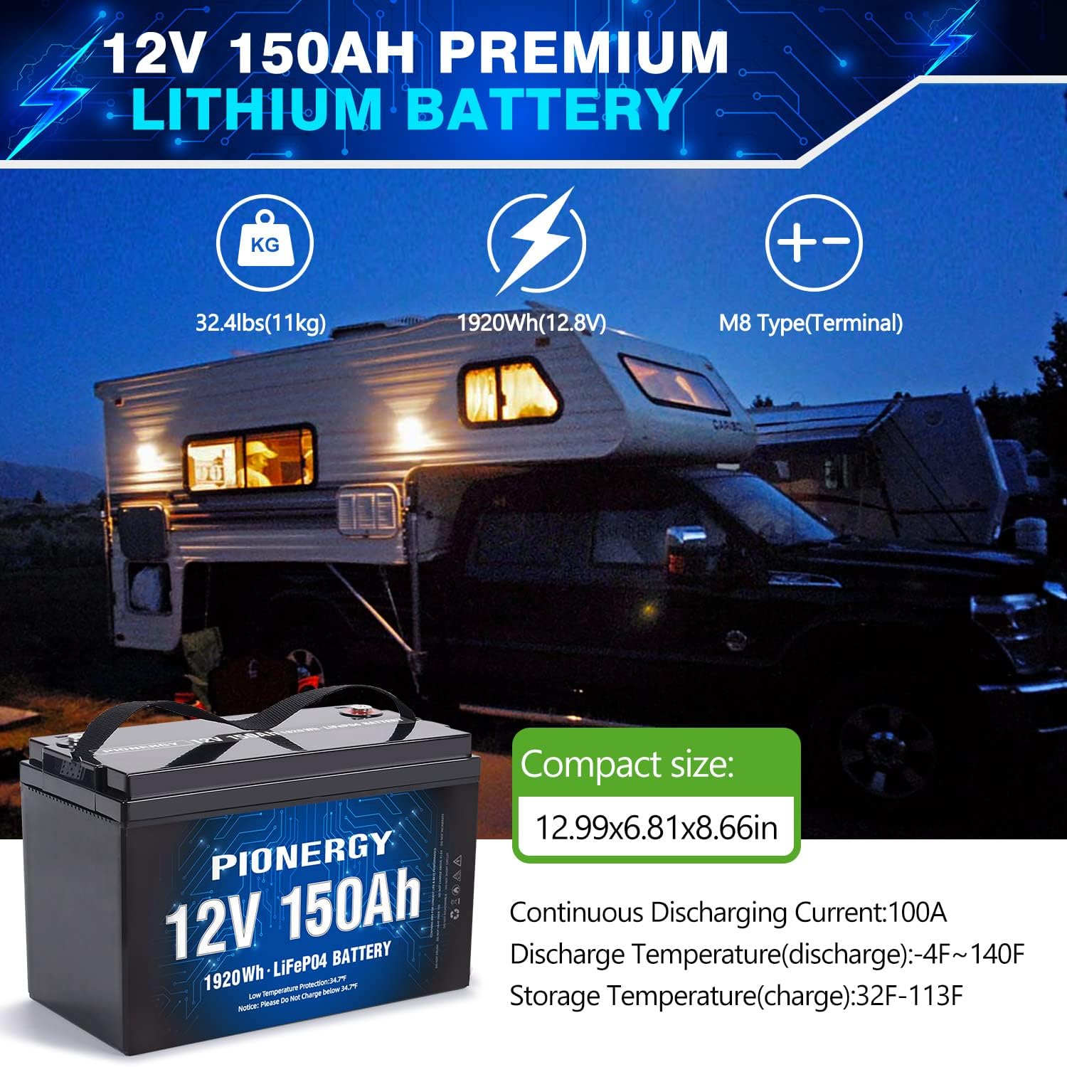 PIONERGY 12V 150Ah Lithium Battery - Built-in 100A BMS, LiFePO4 Battery 4000+ Deep Cycle Battery Perfect for RV Solar Power Marine Trolling Motor and Off-grid Applications