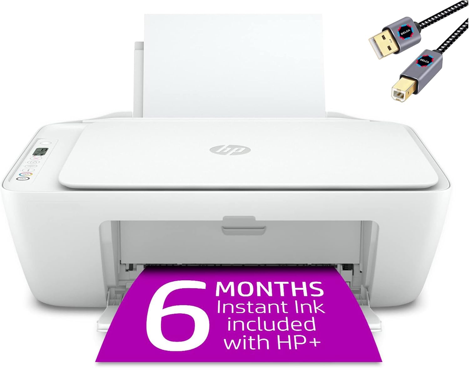 HP DeskJet 2752e Series Wireless Inkjet Color All-in-One Printer | Print Copy Scan | WiFi USB Connectivity | Mobile Printing | Up to 4800 x 1200 DPI | Up to 7.5 ISO PPM | White + Printer Cable