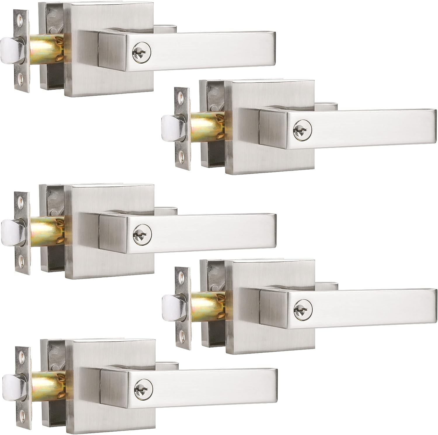 5 Pack Keyed Entry Lever Lock for Exterior Door and Front Door Heavy Duty Lever Door Lock Handle Satin Nickel Finish