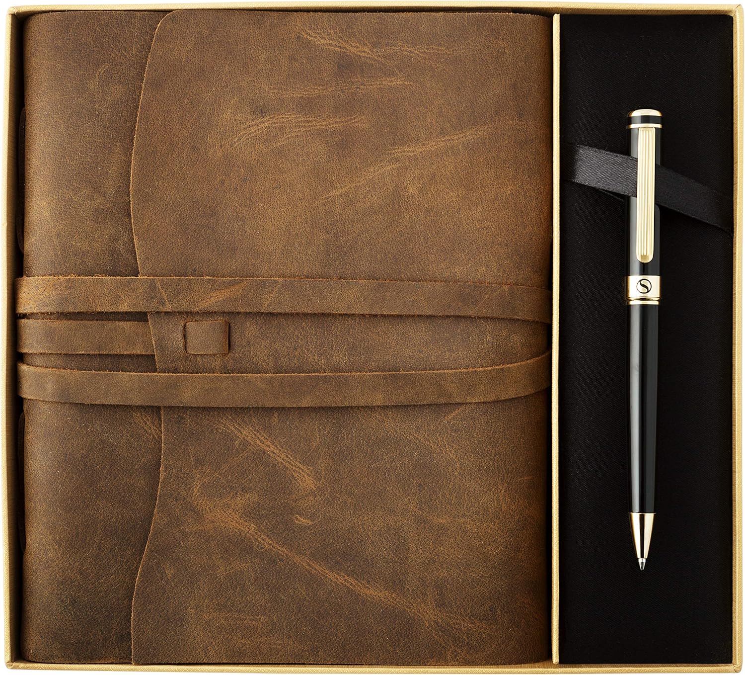 Scriveiner Premium Leather Journal Gift Set – Black Lacquer & 24K Gold Luxury Ballpoint Pen, 8x6 Inch Handmade Genuine Leather Journal, Cotton Paper, Christmas Pack of 2