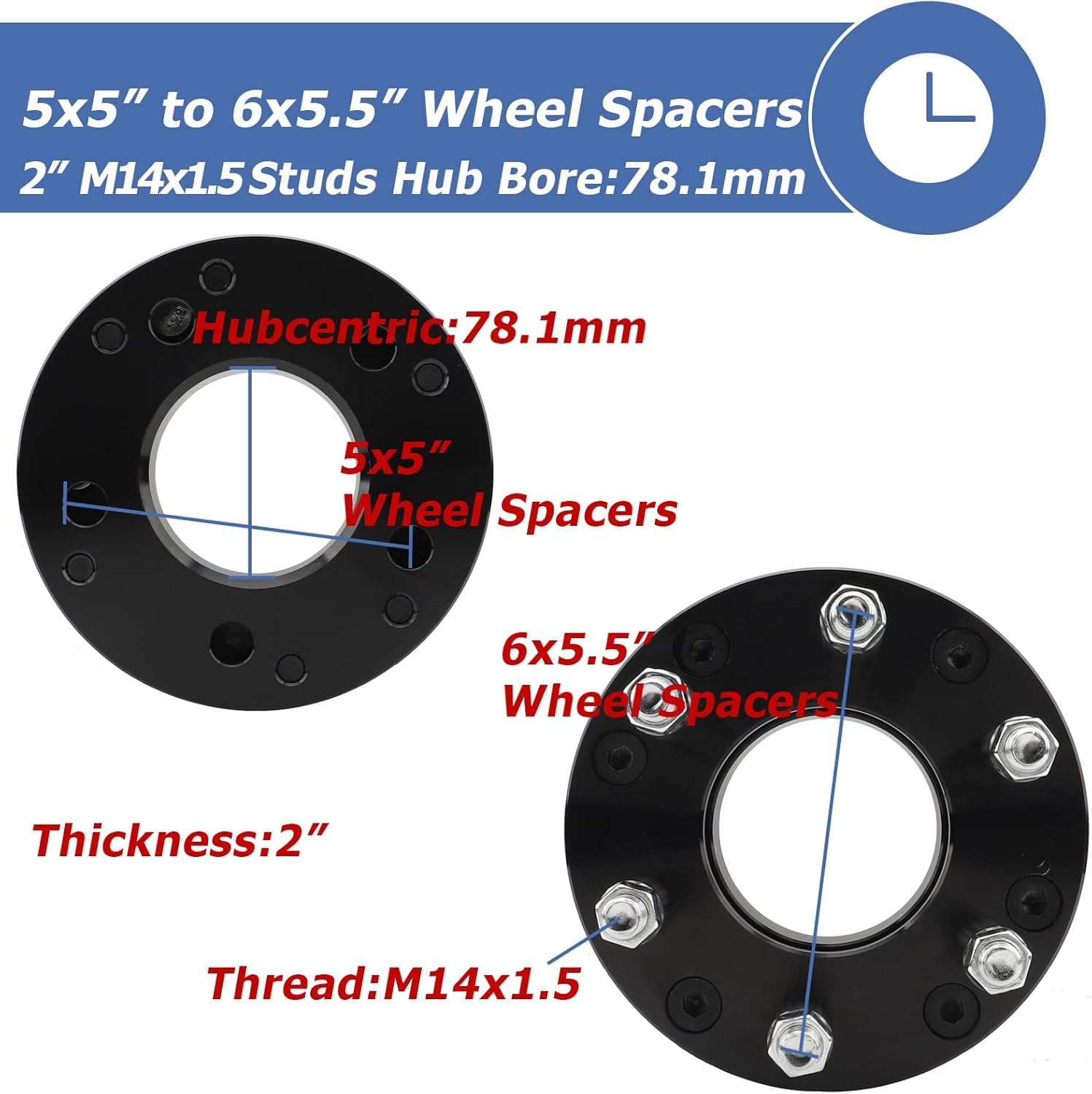 BOTH 2 Inch 5x5 to 6x5.5 Wheel Adapters Replacement for 1995-1999 Tahoe1996-2002 Express, 5x127 to 6x139.7 Wheel Adapters 78.1mm Center Bore with M14x1.5 Studs