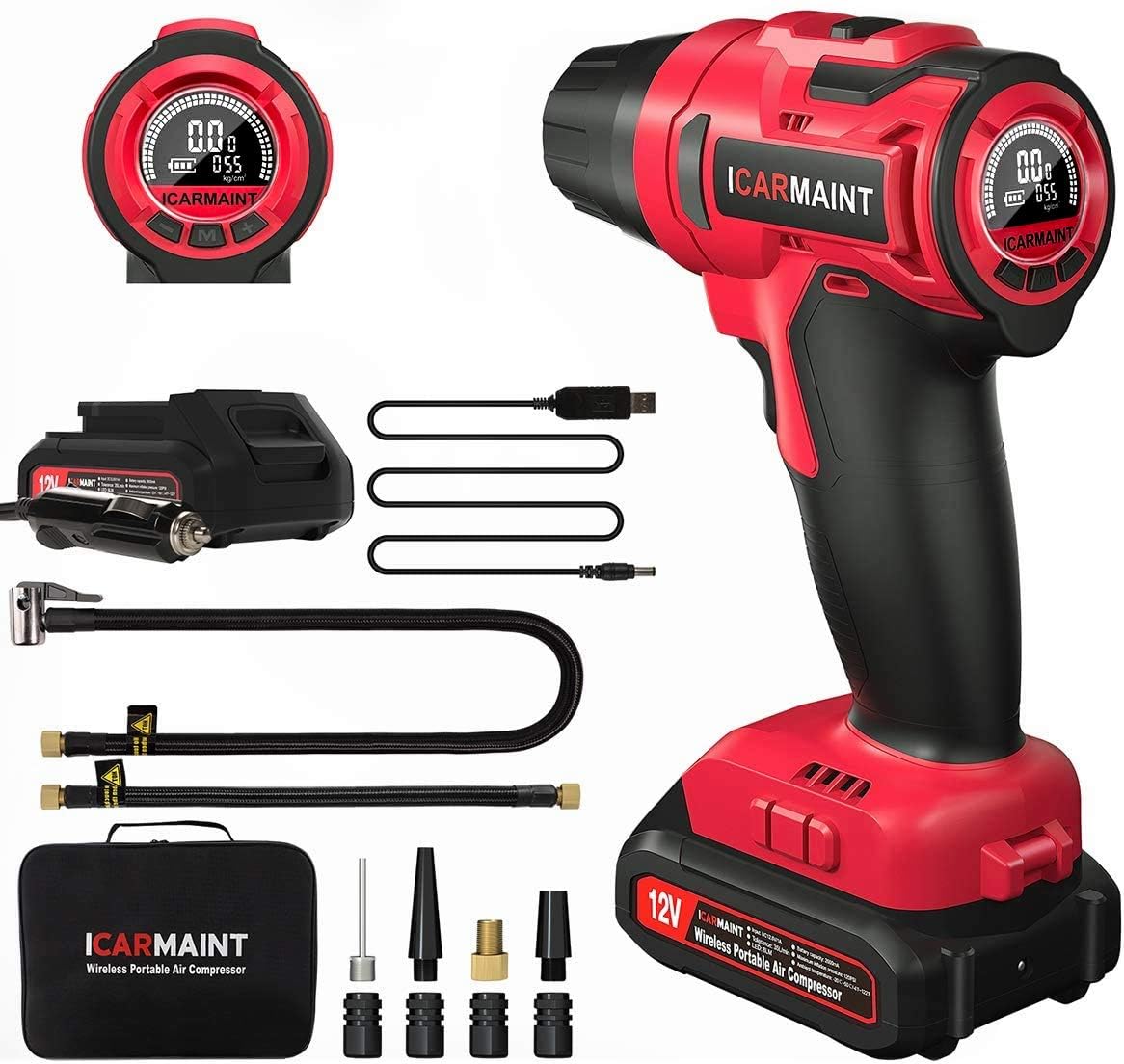 AUTDER Tire Inflator Air Compressor, Portable Car Air Pump with Digital Pressure Gauge, 12V 140 PSI Cordless Tire Pump with Rechargeable Inflator Base and 12V Car Power Adapter… Pack of 2