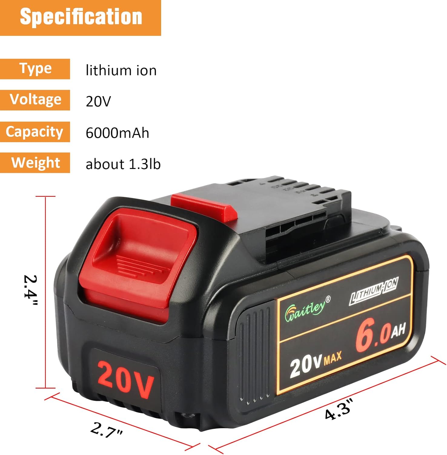 waitley 2 -Packs 20V MAX 6.0Ah DCB206 Replacement Battery Compatible with Dewalt 20V Battery DCB200 DCB203 DCB204 DCB205 DCB206 20V DCD/DCF/DCG/DCS Series Cordless Power Tool Pack of 2
