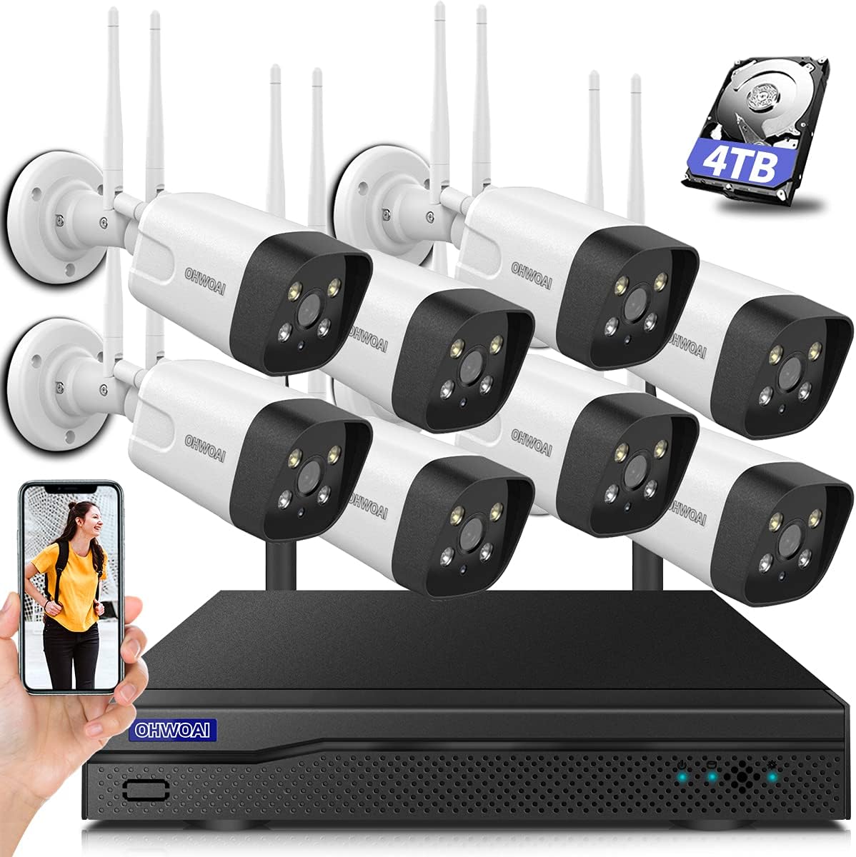 【3K 5.0mp&60 Days Storage】Wireless Security Camera System,8Pcs 5.0MP CCTV Home Wi-Fi IP Cameras,8 Channel NVR,OHWOAI HD Surveillance Video Dual Antennas System,AI Detection,Two-way Audio,4TB HDD,IP67