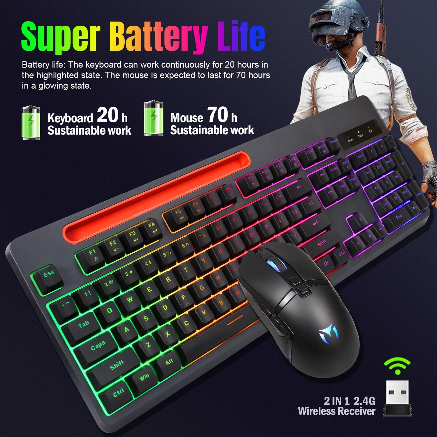 Wireless Gaming Keyboard and Mouse Combo,Rainbow Backlit Mechanical Feel Anti-ghosting, Durable Ergonomic Design,Tablet/Phone Bracket, Long Battery Life, for PC Office Work and Gaming Pack of 2