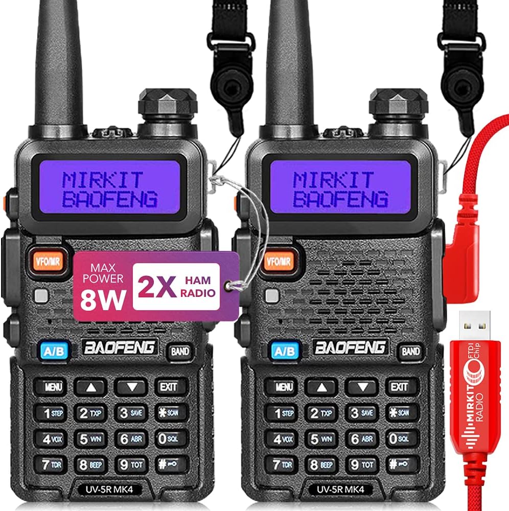 Extended Ham Radio Handheld Starter Kit Mirkit Baofeng Radio UV-5R MK4 8 Watt Max Power with 3800 mAh, Handheld Mic, Baofeng Programming Cable and Software - Extra Pack