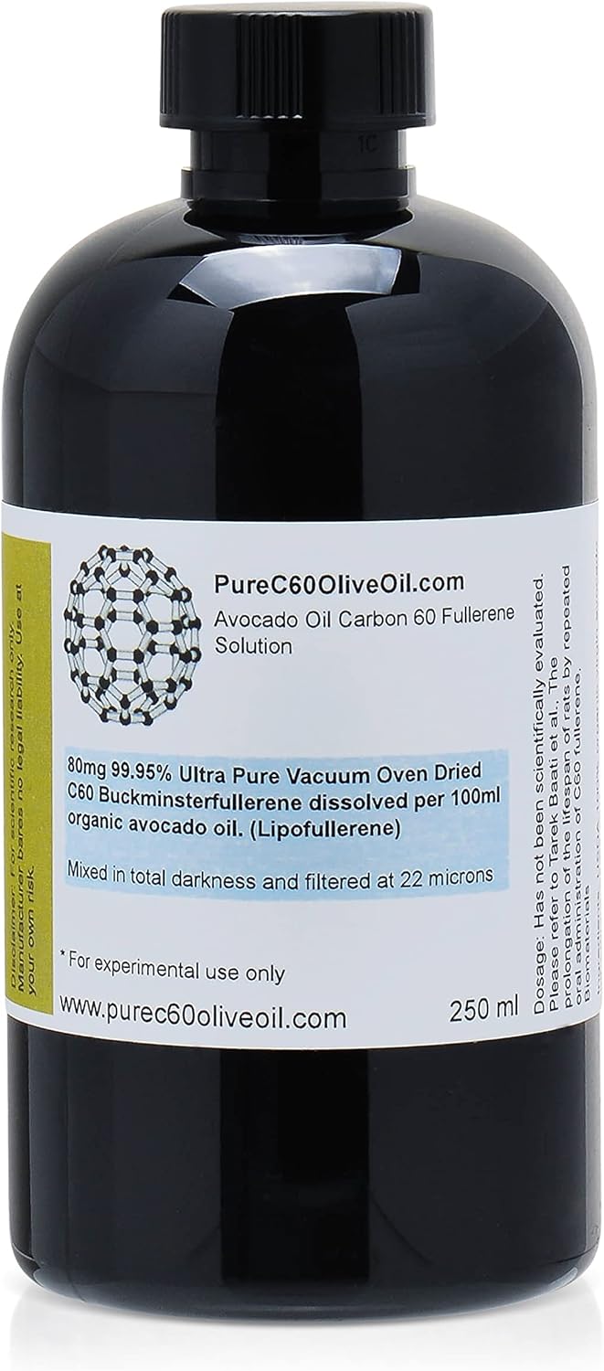 PureC60OliveOil C60 Avocado Oil 250ml / 8.5 Fl Oz - 99.95% Carbon 60 Solvent Free 200mg - Food Grade - Third Party Tested - Carbon 60 Avocado Oil - From The Leading Global Producer