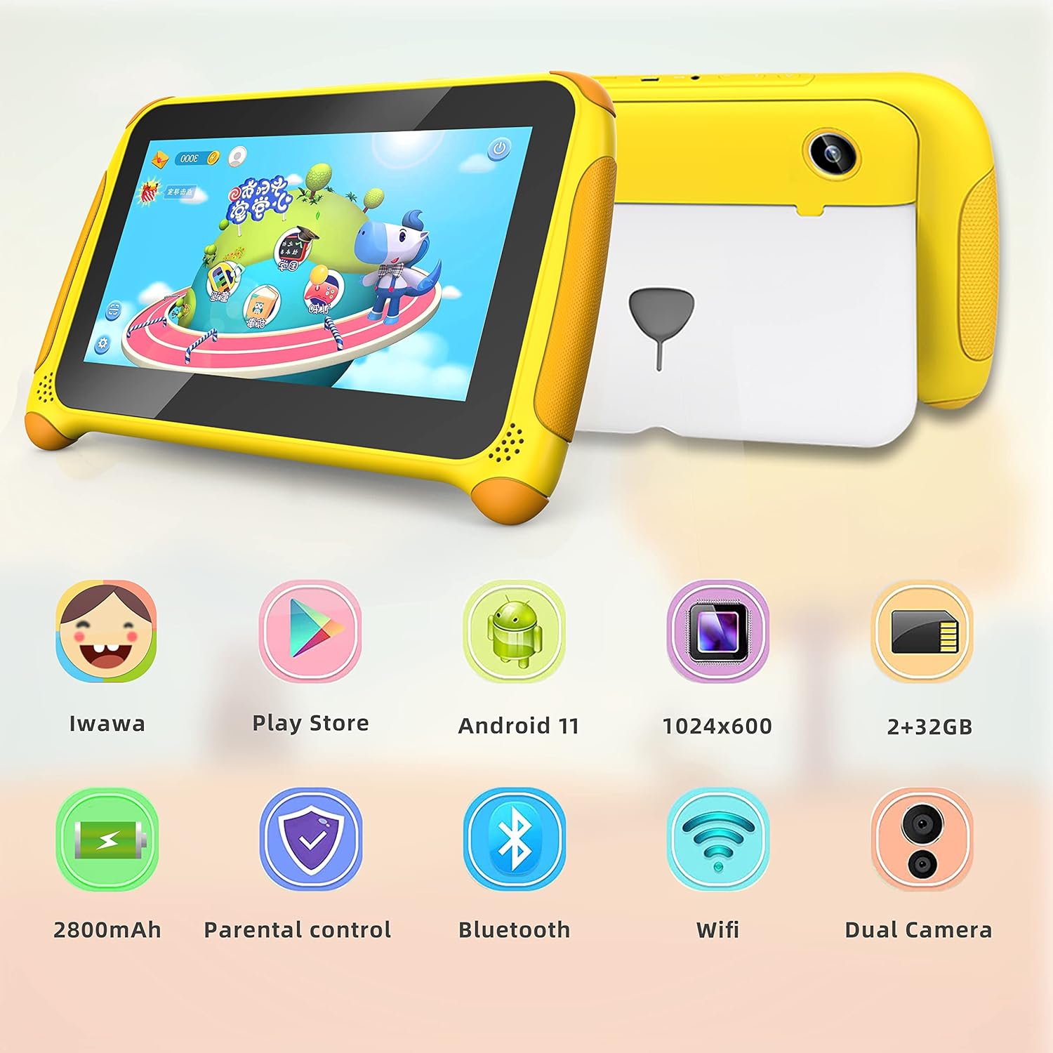 Kinstone 7 inch Kids Tablet Android 11 Tablet PC Quad Core 2GB RAM 32 ROM Dual Camera Parental Control Google Certified WiFi Bluetooth (Yellow) Pack of 2