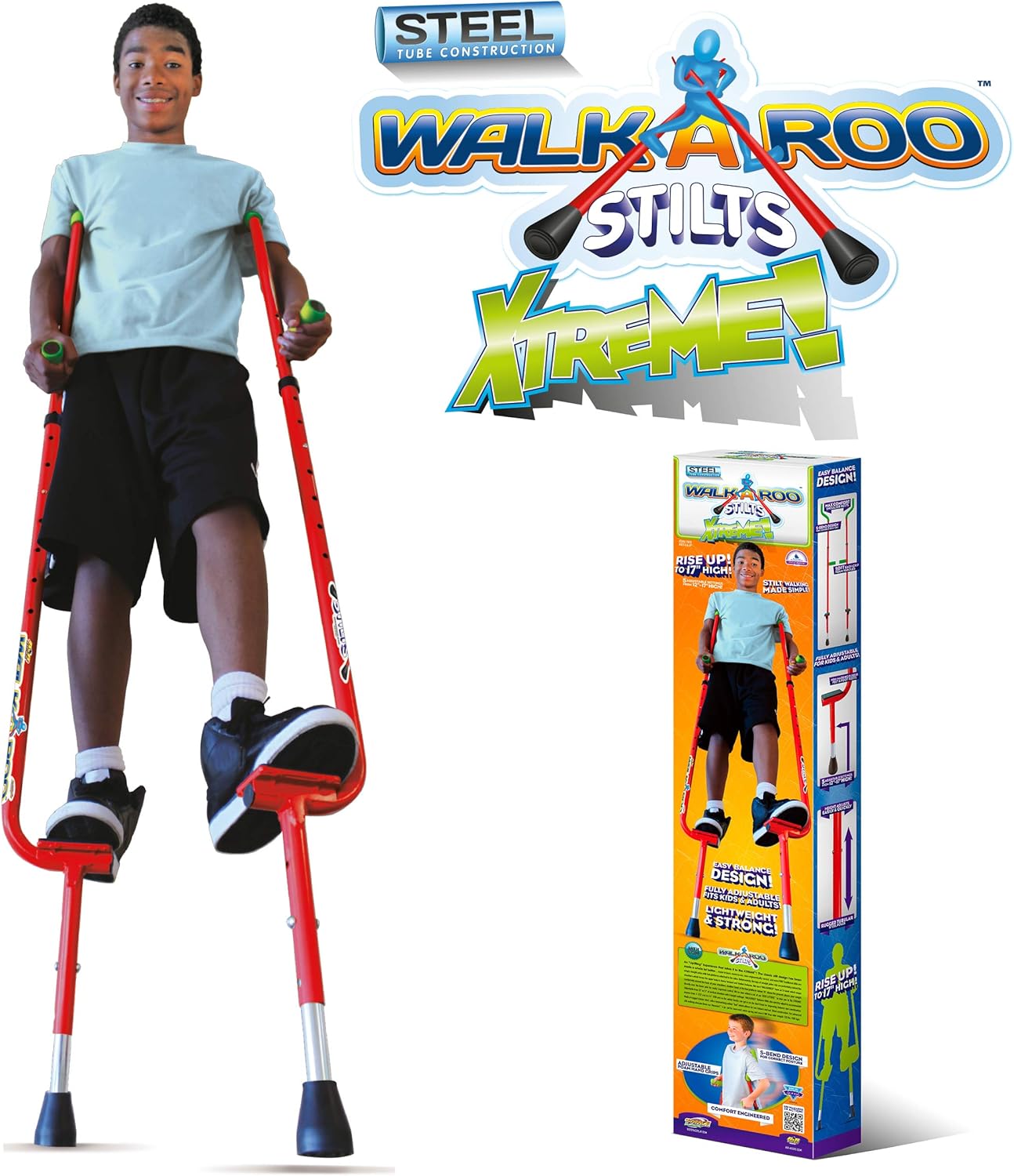 Geospace Original Walkaroo Xtreme Steel Balance Stilts with Height Adjustable Vert Lifters by Air Kicks (red) Pack of 2