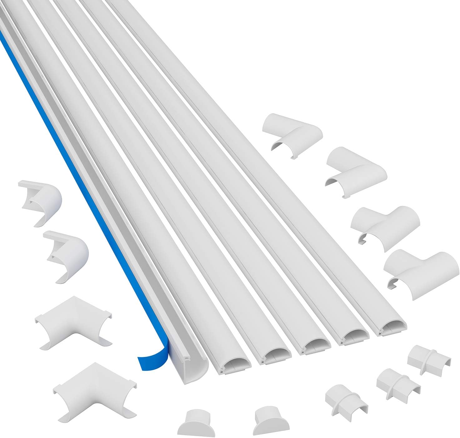 D-Line White Quarter Round Cord Cover Kit, 30FT Self-Adhesive Wire Hider, Floor Molding Alternative, Cable Management - 6 x 5FT Channels and Accessories Pack of 2