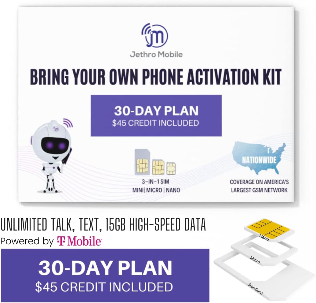 $45/Month Jethro Mobile Wireless Plan | 15GB of 5G/4G LTE Data + Unlimited Talk & Text for 30 Days (3-in-1 GSM SIM Card) Pack of 2