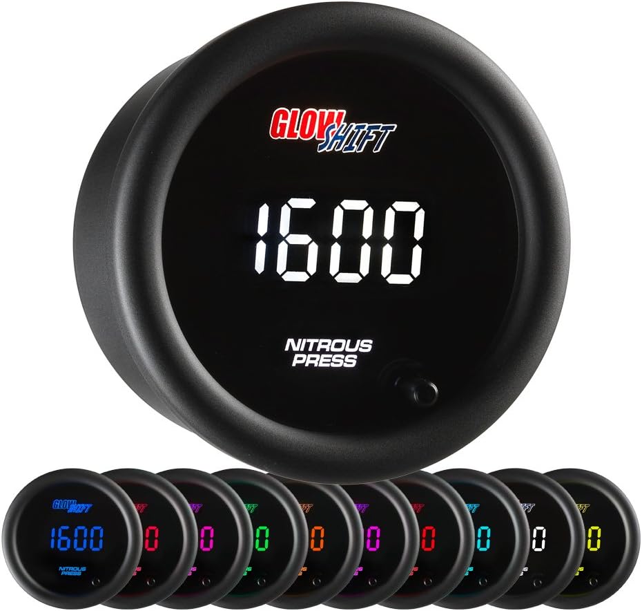 GlowShift 10 Color Digital 1,600 PSI Nitrous Pressure NOS Gauge Kit - Includes Electronic Sensor - Multi-Color LED Display - Tinted Lens - 2-1/16