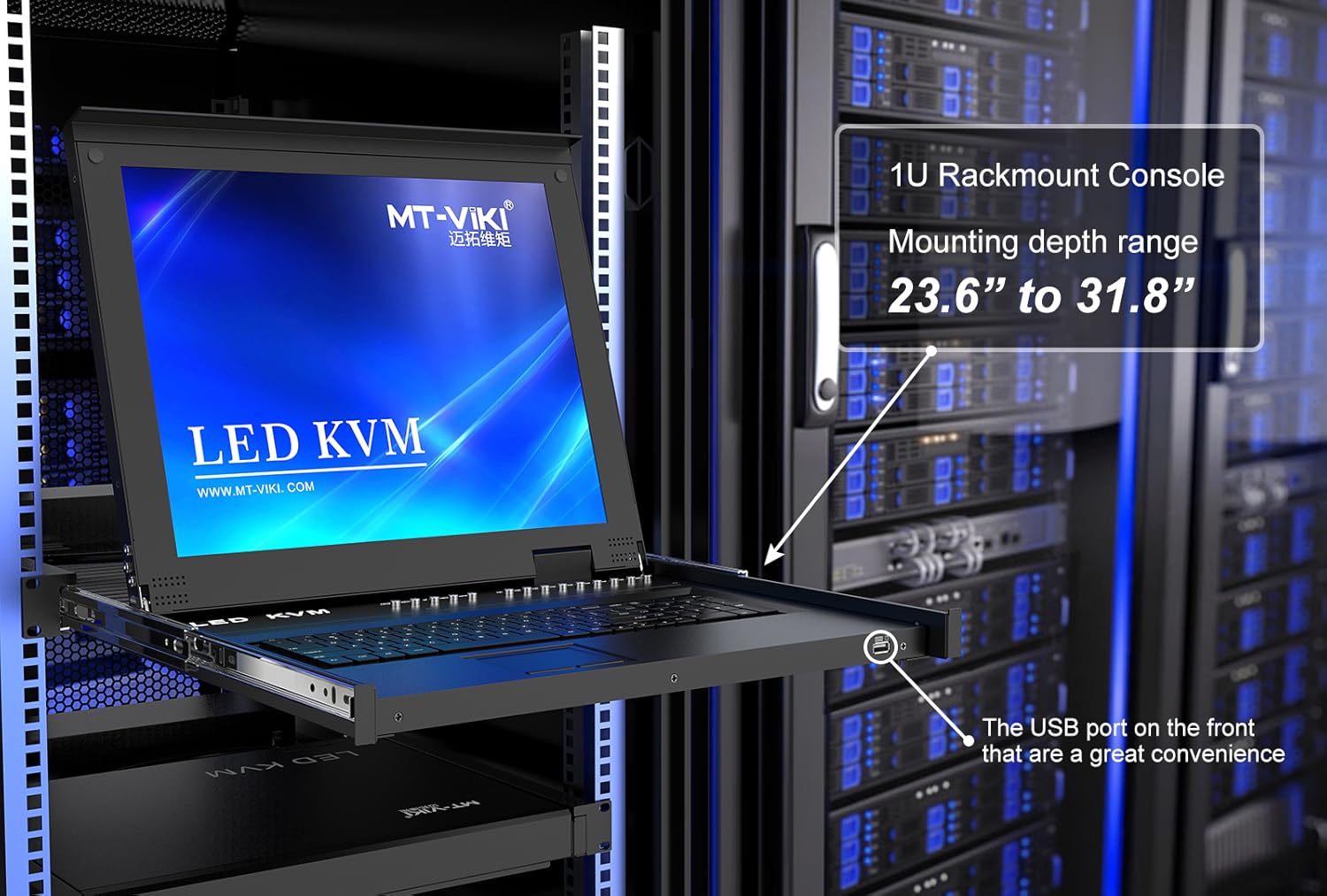 Rack Mount KVM，MT-VIKI 8 Port LCD KVM Console with Cables, VGA KVM Console Monitor 1280x1024 Support OSD/Hotkey/Panel Button Switching