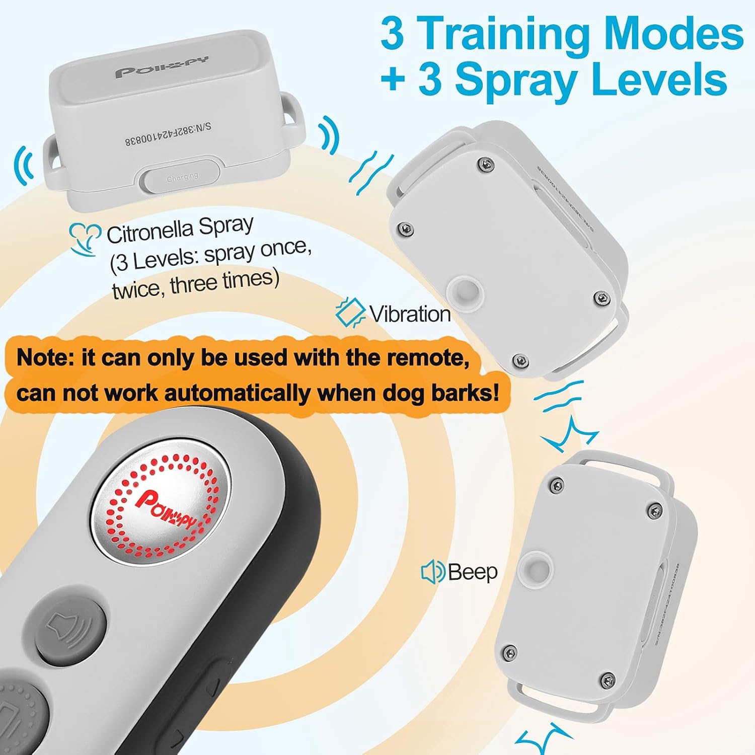 Citronella Dog Training Collar with Remote【Can't Work Automatically】,3 Modes & 3 Spray Levels, Spray/ Vibration/ Beep, Humane Citronella Dog Collar,1000ft Range No Shock Rechargeable Spray Dog Collar Pack of 2