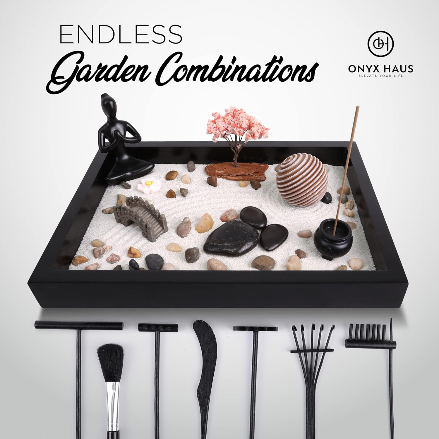 Onyx Haus Zen Garden for Desk or Office - Best Table Accessories, Desktop, and Tabletop Decor - Large Wooden Tray, White Sands, Rocks, Rake Tools Set - Great Gift on Christmas Pack of 2