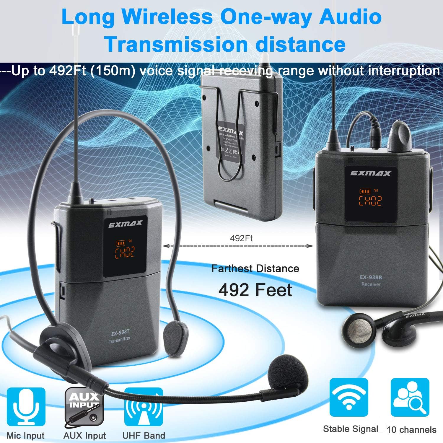 EXMAX EX-938 Wireless Voice Transmission Audio Tour Guide System Assistive Listening Translator Kit for Church Translation Simultaneous Interpretation 1 Transmitter 12 Receivers Aluninum Storage Case