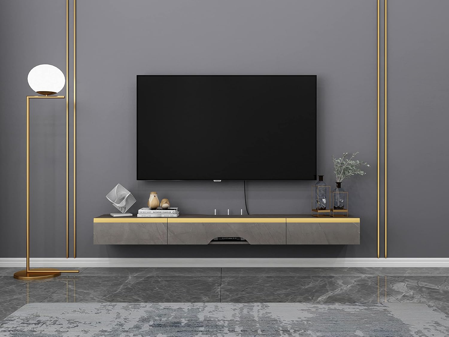 Floating TV Shelf, Wall Mounted Wood Floating TV Console Entertainment Media Shelf TV Wall Unit with 3 Doors Storage (47.24 in, Dark Gray)