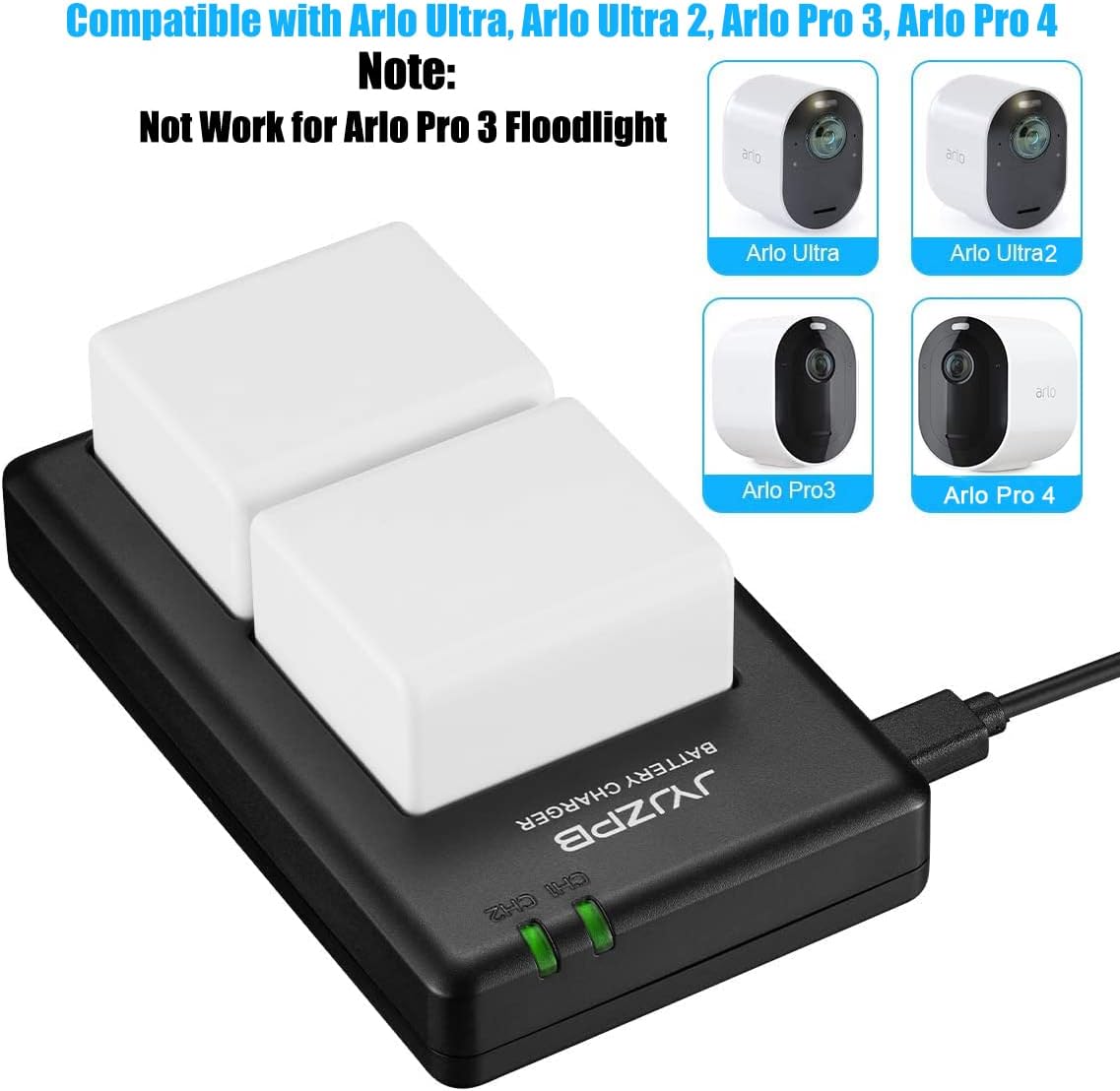 JYJZPB 2 Pack 3.85V 4800mAh Replacement Batteries for Arlo Pro 3, Arlo Pro 4, Arlo Ultra and Ultra 2 with Dual Battery Charger(Not for Arlo Pro 3 Floodlight Camera) Pack of 2