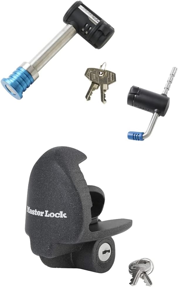 Master Lock 1481DAT Stainless Steel Barbell Receiver and Adjustable Coupler Lock Set & Master Lock 379ATPY Universal Trailer Hitch Lock , Black Pack of 2