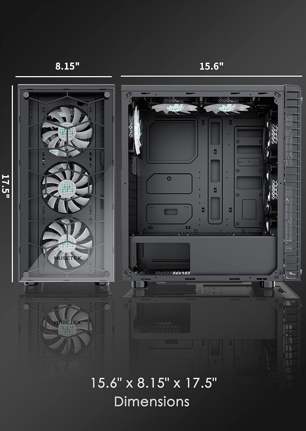 MUSETEX ATX PC Case with 6 Pcs 120mm ARGB Fans, Computer Gaming Case Mid-Tower Phantom Black, Tempered Glass Computer Chassis, USB 3.0, MN6-B