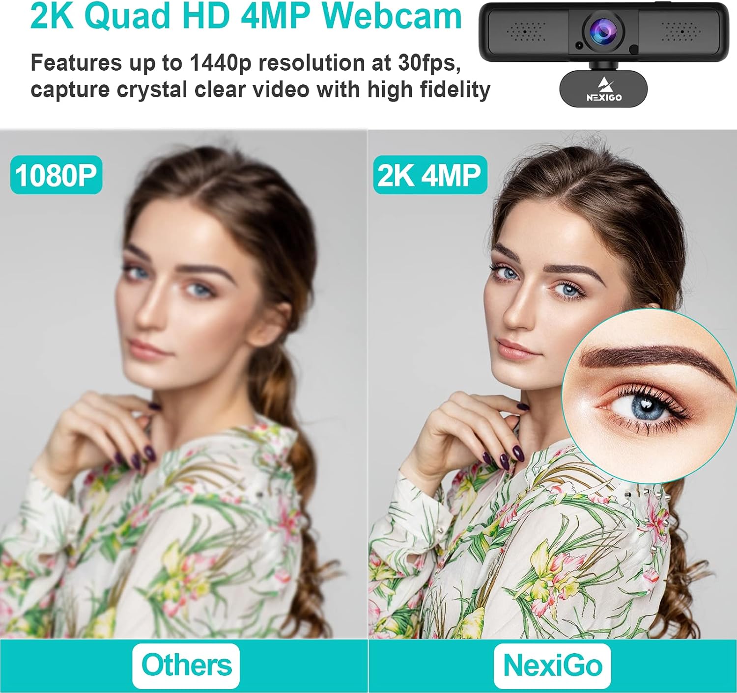 NexiGo N650 2K 4MP Zoomable Webcam with Privacy Cover & Dual Microphone, 3X Digital Zoom, 95-Degree Viewing, Quad HD Business USB Camera for Online Class, Zoom Skype Facetime OBS Teams Pack of 2