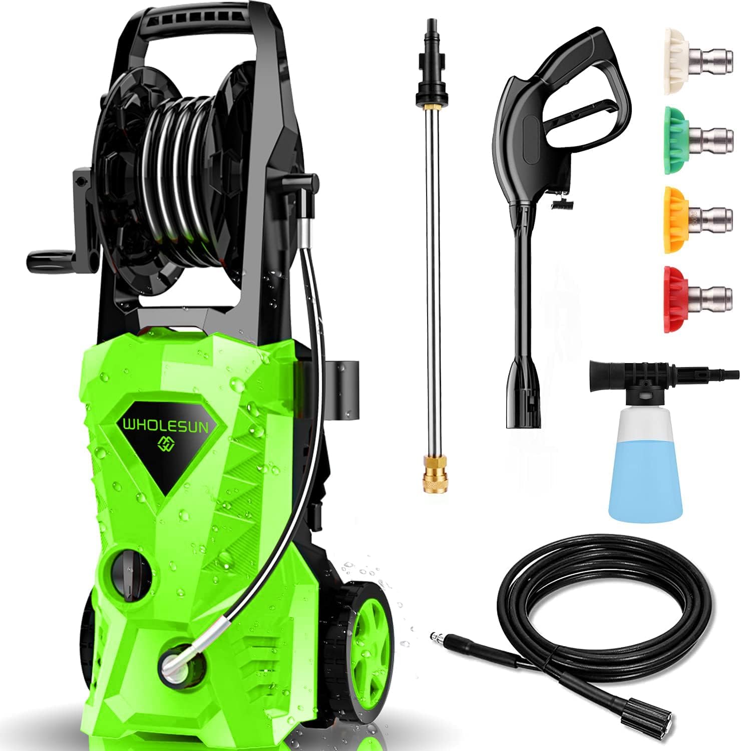 Pressure Washer WHOLESUN 3000PSI Electric Pressure Washer 2.4GPM Power Washer with Hose Reel and Brush 1600W High Pressure Washer for Driveway Fence Patio Deck Cleaning