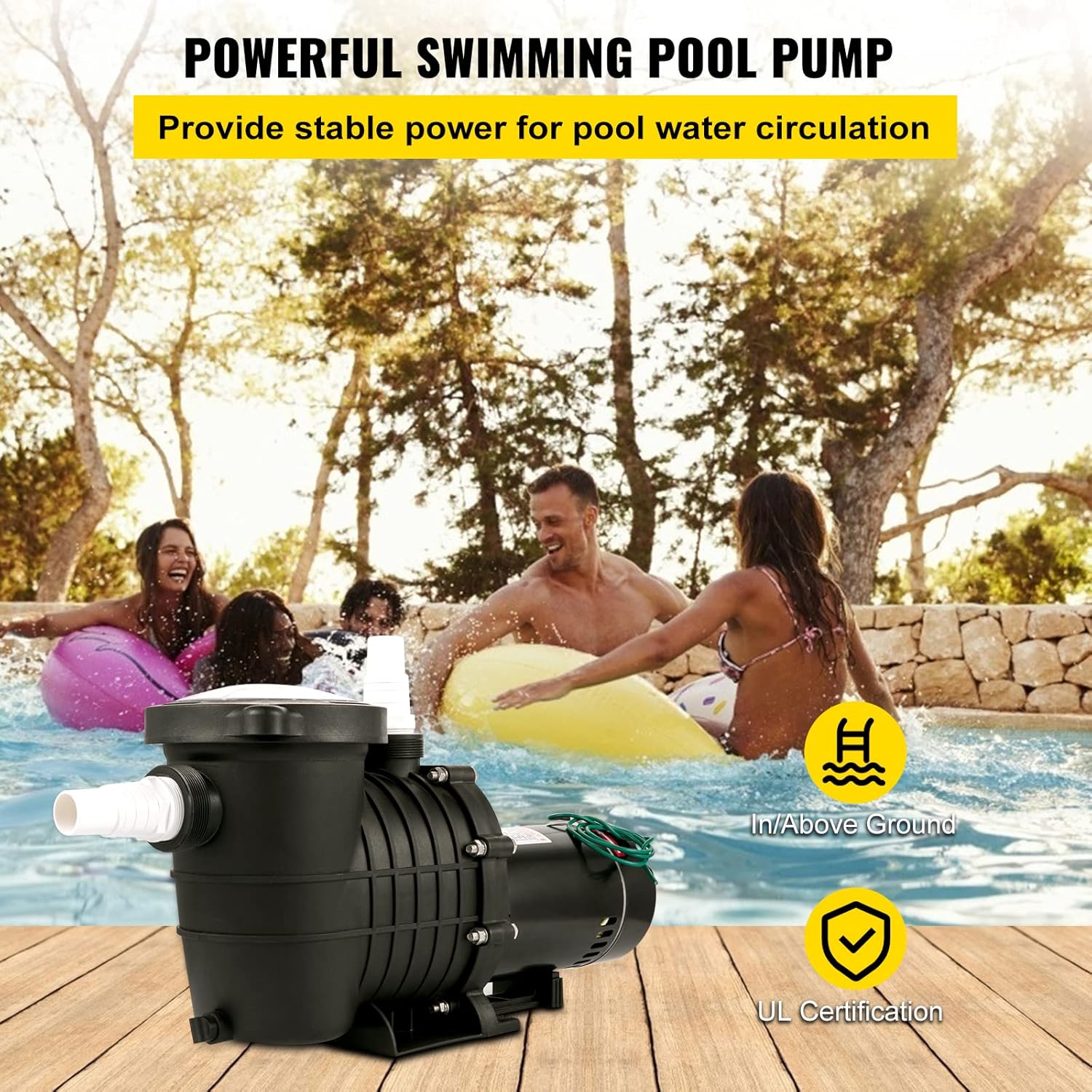 VEVOR Pool Pump, 2HP Swimming Pool Pump, 1500W 6657GPH In/Above Ground Pool Pump, Silent Pool Motor w/ Thermal Protection, Single Speed Filter Pump w/Strainer for Spa Water, Swimming Pool, Bathtub