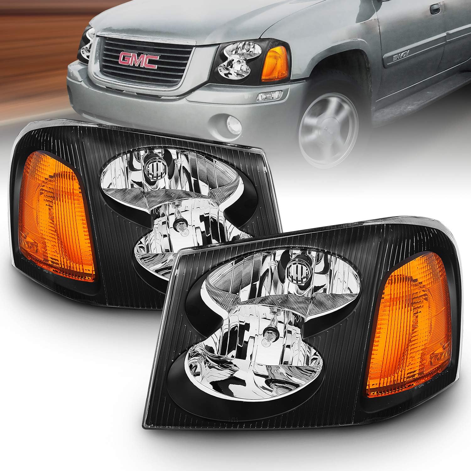 AmeriLite Black Replacement Headlights Set for GMC Envoy - Passenger and Driver Side