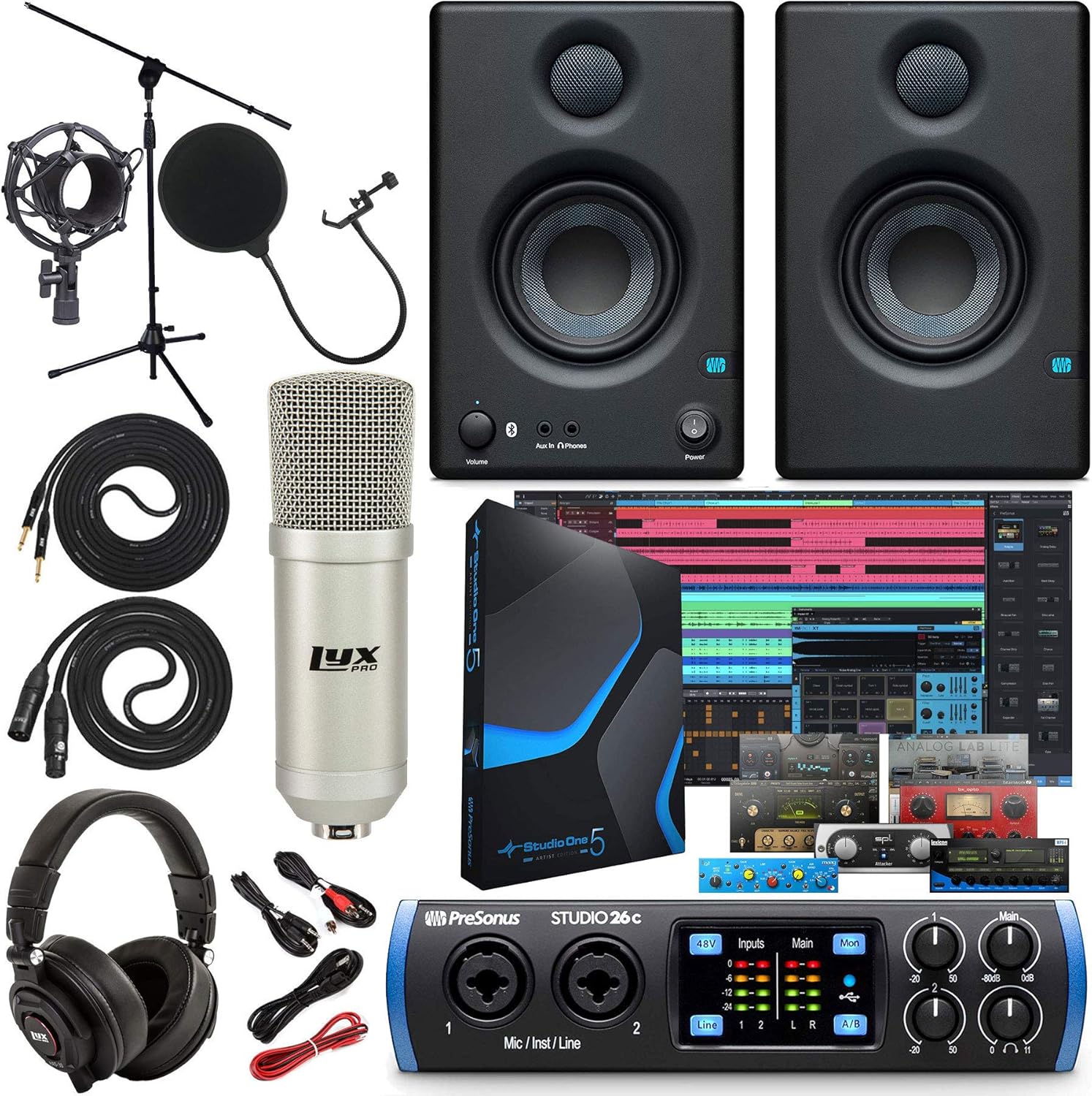 PreSonus Studio 26c 2x4,192 kHz USB Audio/MIDI Interface with Studio One Artist Software Pack w/Eris 3.5 BT Pair Studio Bluetooth Monitors and 1/4” Instrument Cable