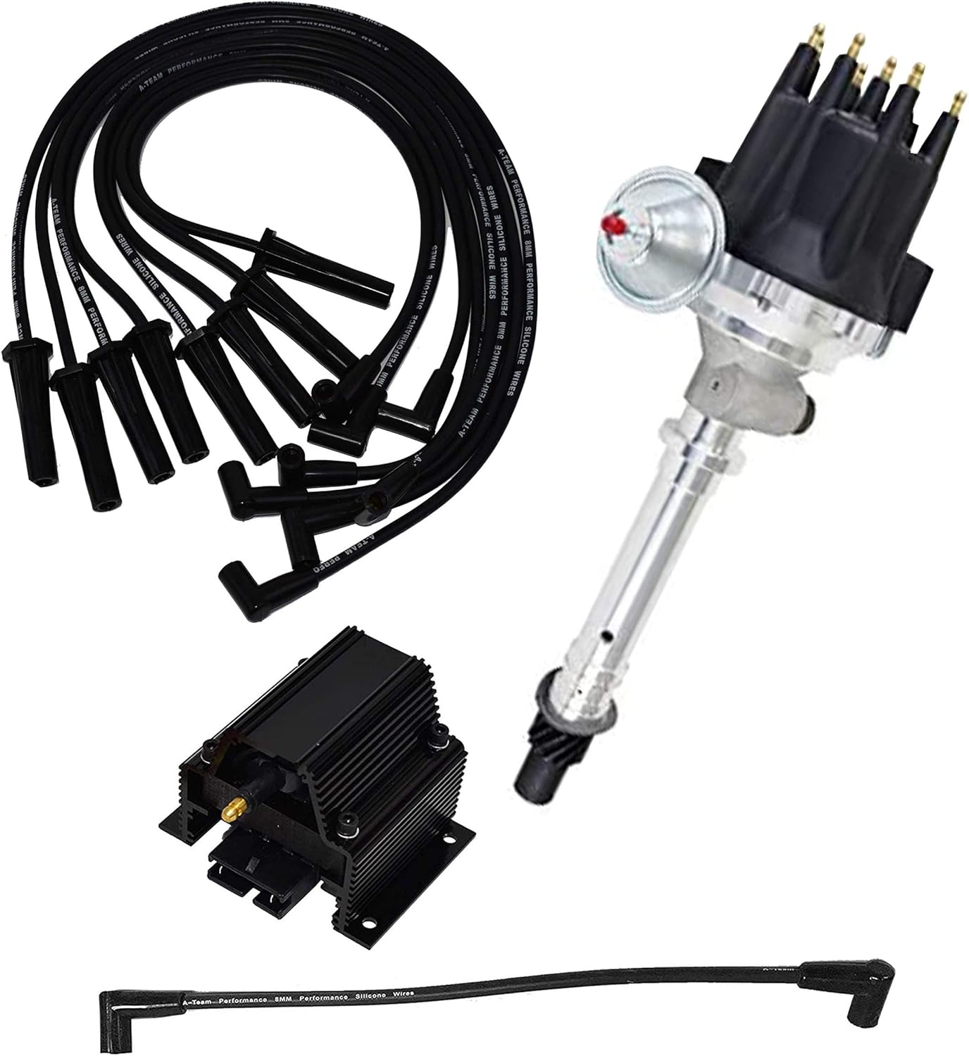 A-Team Performance Ready - 2 Run Distributor, 8.0mm Spark Plug Wires, & 50K Volt Coil - Compatible With Chevy Corvette BBC, Tach Drive, 396, 402, 427, 454 Black