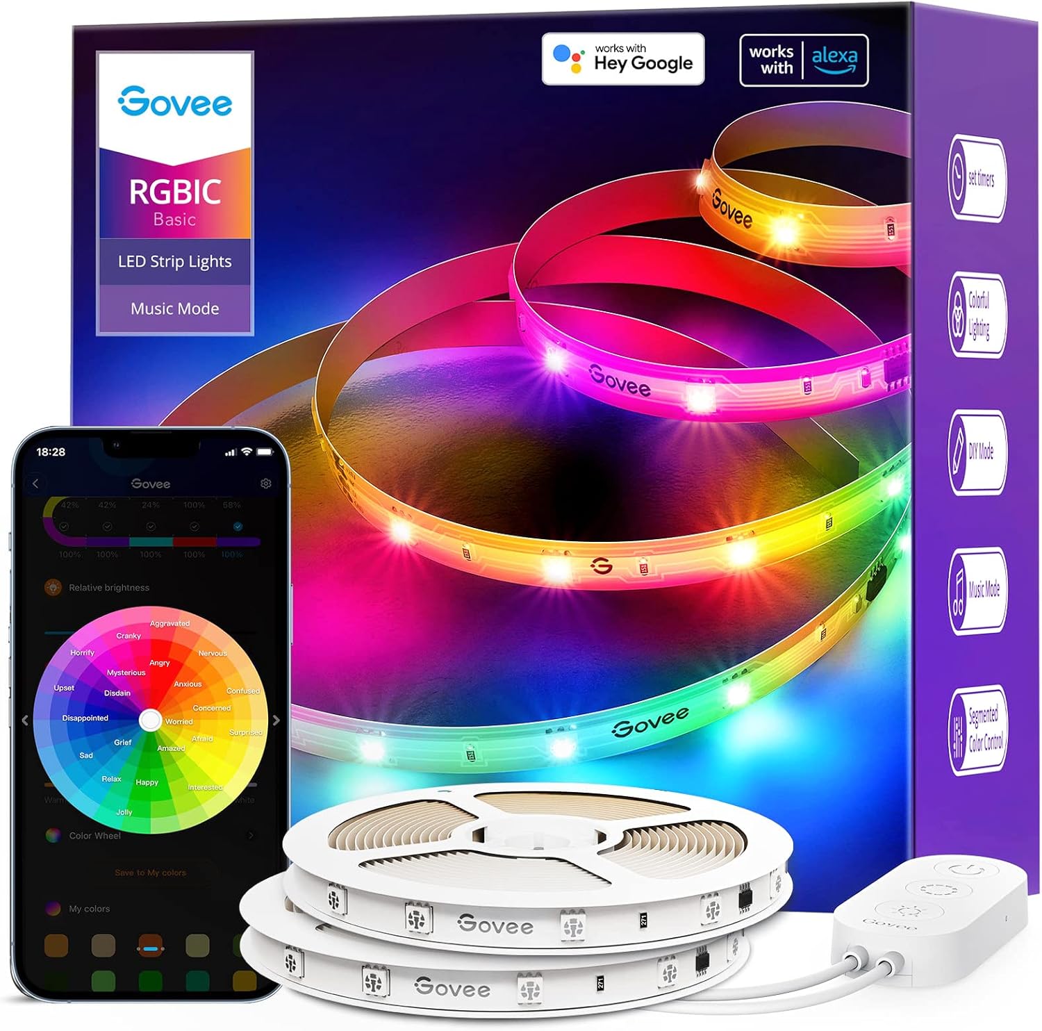 Govee 65.6ft RGBIC Alexa LED Light Strip, Smart WiFi LED Lights Work with Alexa and Google Assistant, Segmented DIY, Music Sync, Color Changing LED Strip Lights for Bedroom, Living Room, Kitchen Pack of 2
