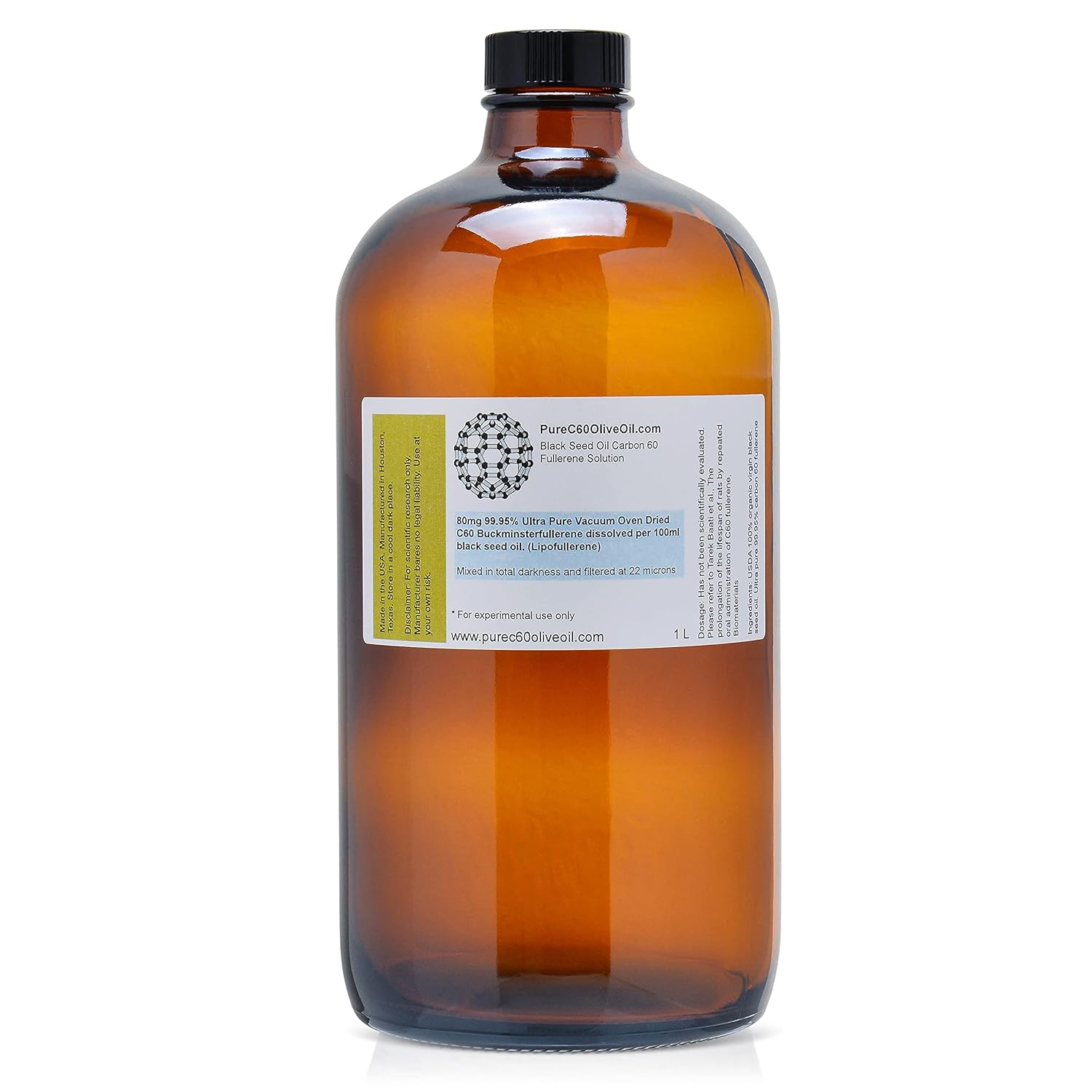 C60 Black Seed Oil 1L / 33.8 Fl Oz - 99.95% Carbon 60 Solvent Free 800mg - Amber Glass Bottle - Third Party Tested - Carbon 60 Black Seed Oil - from The Leading Global Producer