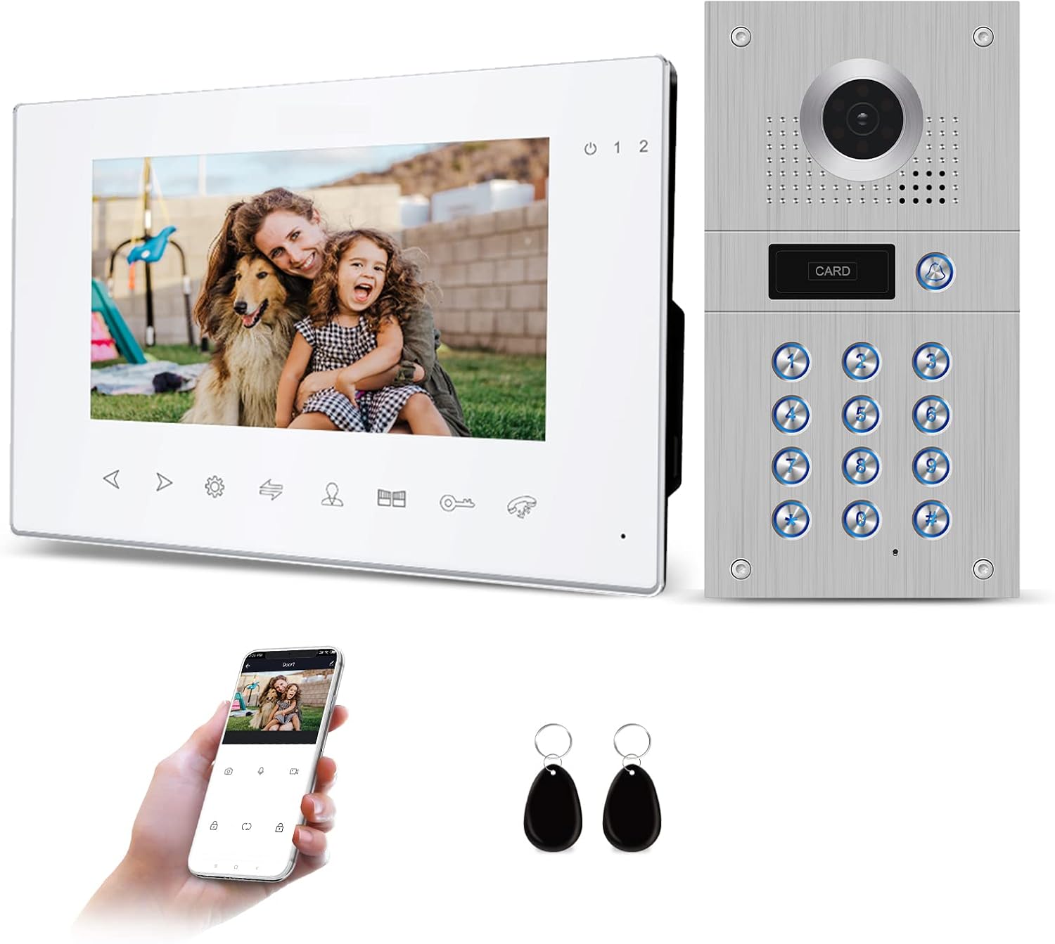 JeaTone Video Doorbell 7 Inch 4 Wired Video Door Phone RFID Cards Access Control System 960P Camera Unlock Motion Detection IP65 Waterproof
