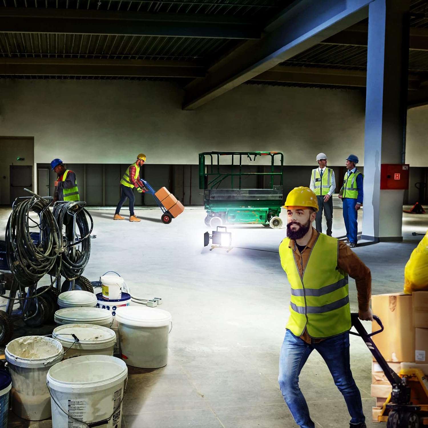 Olafus 80W LED Work Light Three Adjustable Heads, 7200LM Rotating Lighting, IP65 Waterproof Job Site Lighting with Stand for Construction Site, Jetty, Garage 6500K Daylight White, 16.4ft Power Cord Pack of 2