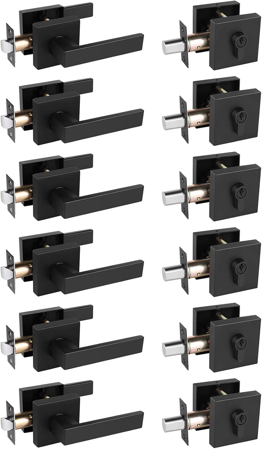 4 Pack Passage Door Lever with Single Cylinder Deadbolt Combination Set in Matte Black for Interior and Exterior Front Doors, Keyed Alike Heavy Duty Door Lever Sets Reversible for Right & Left Sided