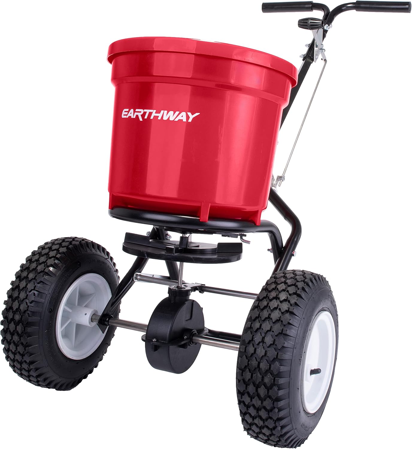 Earthway Even Spread 2150 Commercial 50 LB Broadcast Fertilizer Spreader. Red, Heavy-Duty Walk-Behind Push Garden Seeder with Adjustable Drop Rate and Driving Handle. Large 13 inch Pneumatic Stud Tires