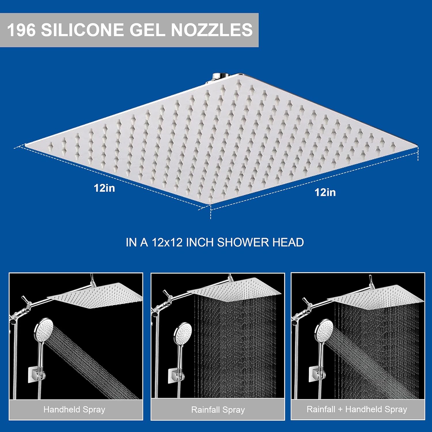 12 Inch Square Rain Shower Head with Handheld Shower Combo, High-Pressure Rainfall Shower Head with 13.5