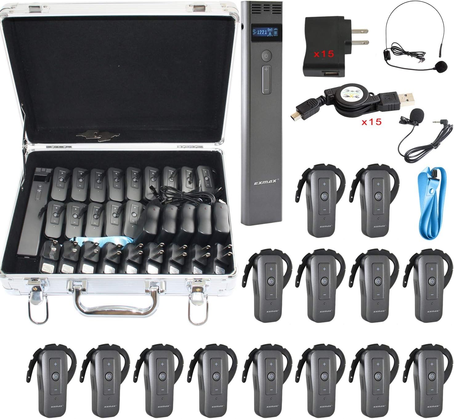 EXMAX EXD-6688 2.4Ghz Handheld Wireless Audio Tour Guide System Ear-hook Receiver 9999 Channels for Travel Conference Noisy Factory Presentations(1 Transmitters 14 Receivers with Silver Storage Case)