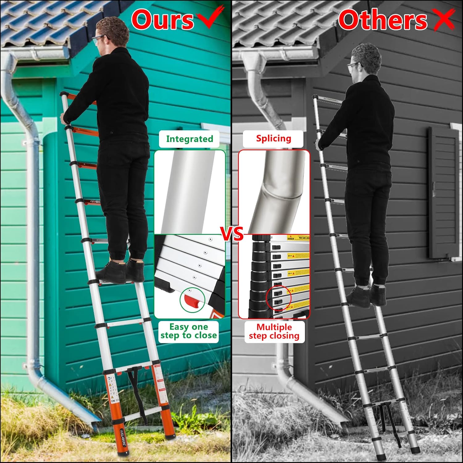 LUISLADDERS Telescoping Ladder Multi-Use Telescopic Extension Ladder One-Button Retraction Anti-Pinch and Anti-Slip 330 Lb Capacity (12.46 Feet)