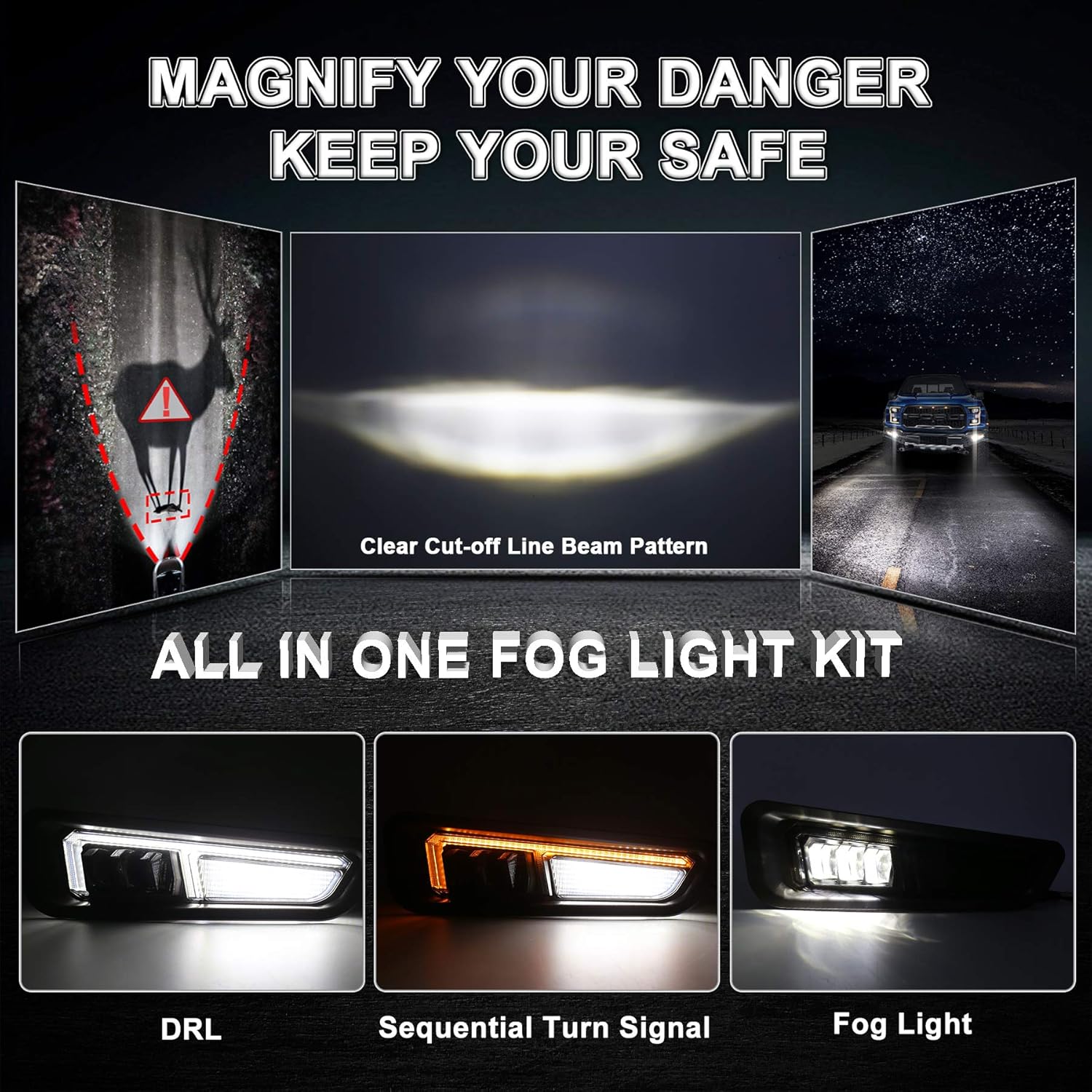 Ford Raptor Fog Lights, CJOVSE Amber Sequential Turn Signal White DR LED Bumper Fog Lights Compatible Smoke Housing with Gen 2 Ford Raptor 2017 2018 2019 2020