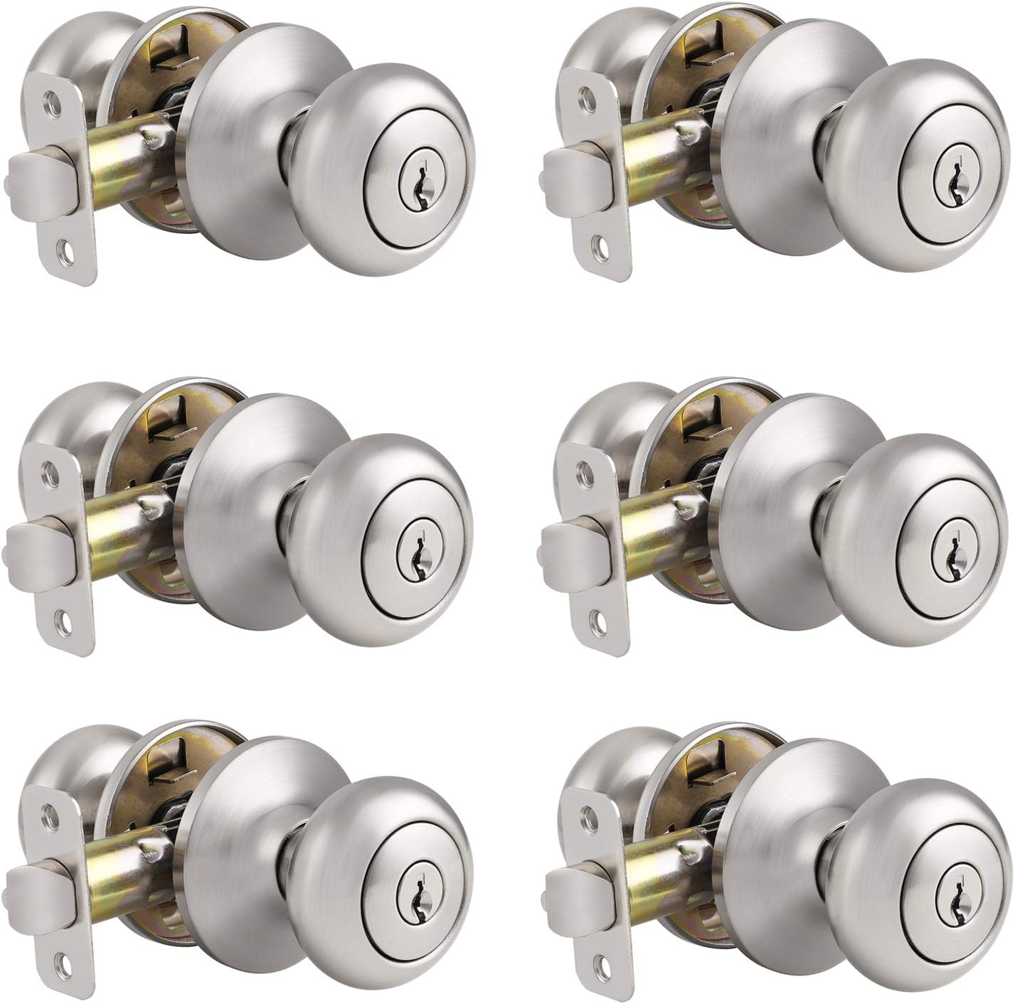 5 Pack Door Knobs for Bedroom or Bathroom, Brushed Nickel Finish, Locked Inside with Turn Button, Keyless Privacy Door Knob Handleset Pack of 2