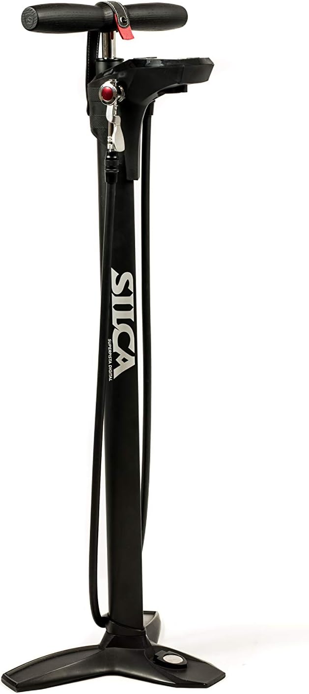 SuperPista Digital Floor Pump with Back lit Digital Gauge + Extra Long Hose + Award Winning HIRO Metal Locking Chuck for Presta and Schrader Valve