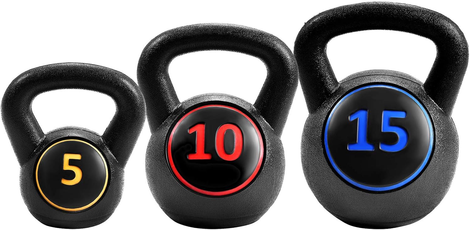 GYMAX Kettlebells, 3 Pcs Vinyl Kettlebell Weights Set Weights 5, 10, 15 lbs Set, for Strength and Conditioning, Fitness Pack of 2