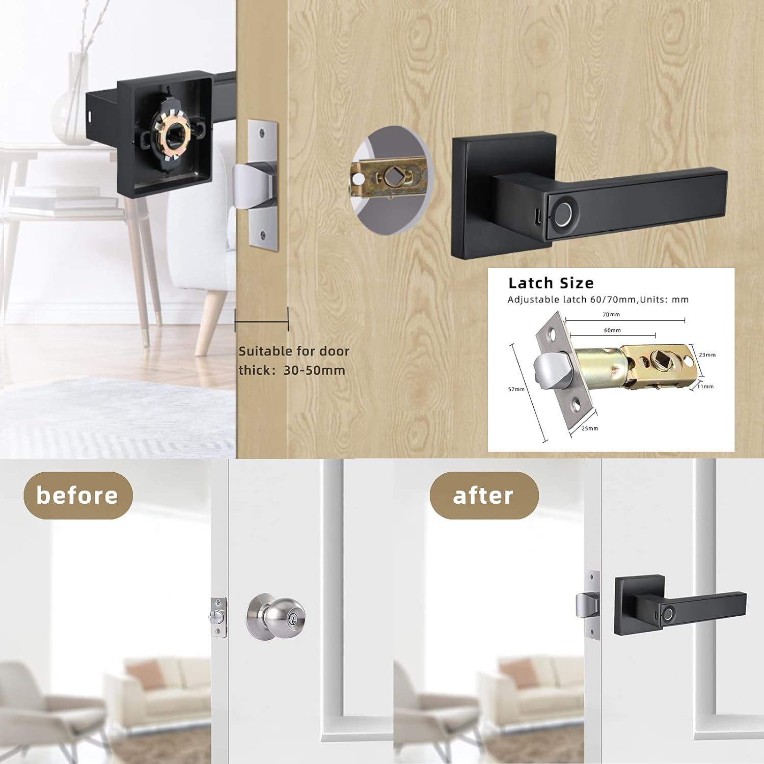 Smart Fingerprint Door Lock,Keyless Entry Door Lock,Square Keyhole,Mute Door Lock,USB Emergency Charging Port,Safety Handle，Easy to Install for Apartments, Offices and Bedrooms by Termusail(Black) Pack of 2