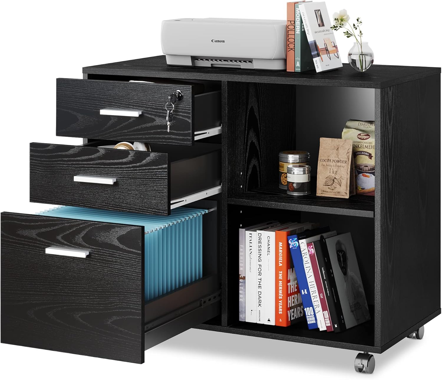 DEVAISE 3-Drawer Wood File Cabinet with Lock, Mobile Lateral Filing Cabinet, Printer Stand with Open Storage Shelves for Home Office, Gray Oak