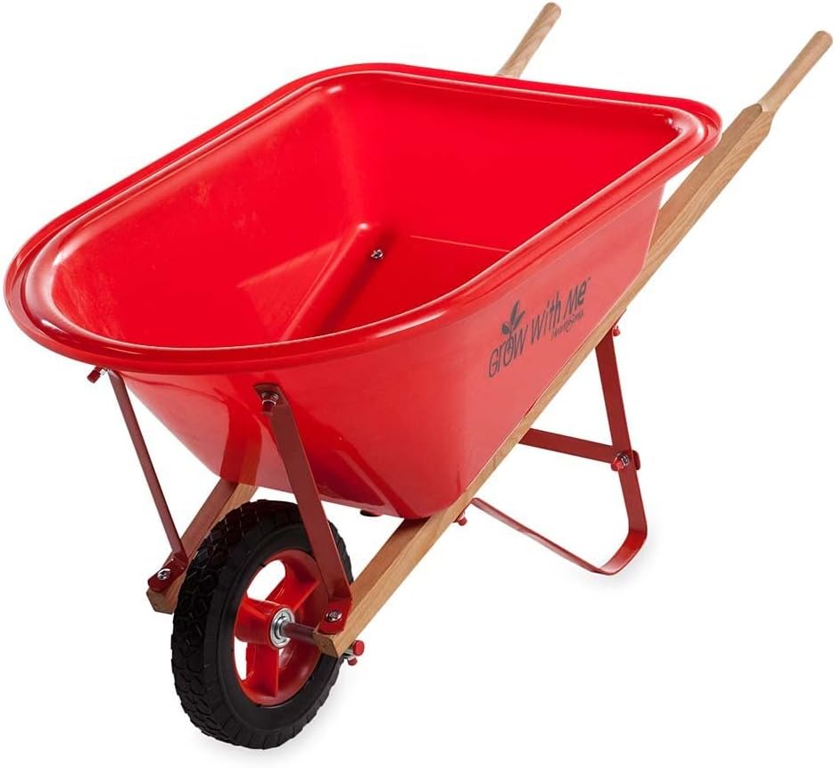Kid's Garden Wheelbarrow - Yard Tools for Children - Red with Wood Handles, Steel Braces, Solid Tire - 33 D x 17 W x 15.75 H Pack of 2