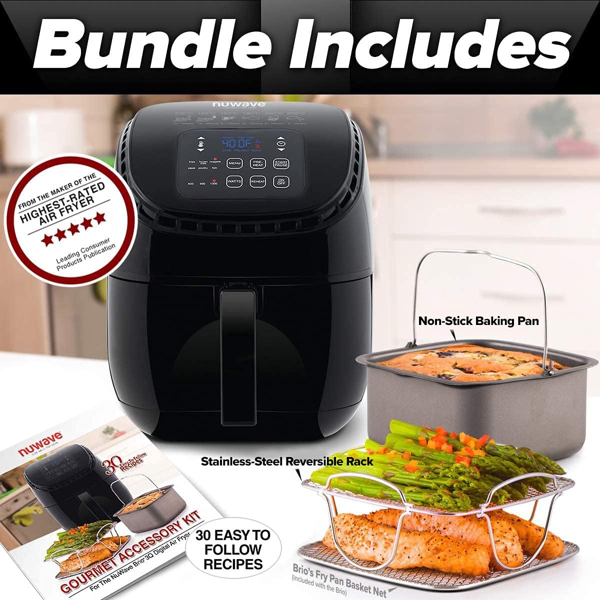 NUWAVE Brio 3-Quart Digital Air Fryer With Bonus Pan and Frying Rack with One-Touch Digital Controls, 6 Easy Presets, Precise Temperature Control, Recipe Book, Wattage Control, Preheat and Reheat
