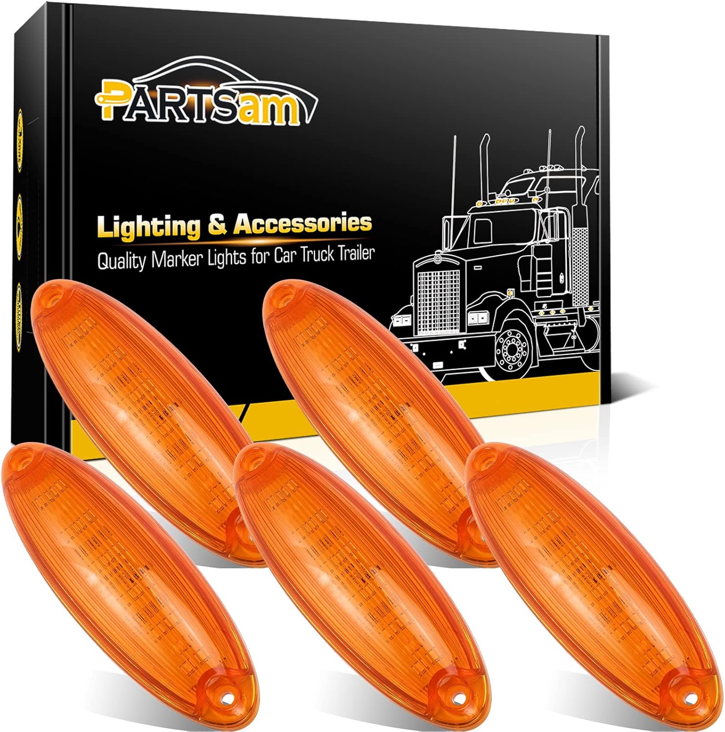Partsam 5pcs Clear Lens Cab Clearance Roof Running Top Marker Lights Amber Yellow 6LED Amber Lights Assembly Waterproof Compatible with Freightliner Cascadia Heavy Duty Trucks Pack of 2