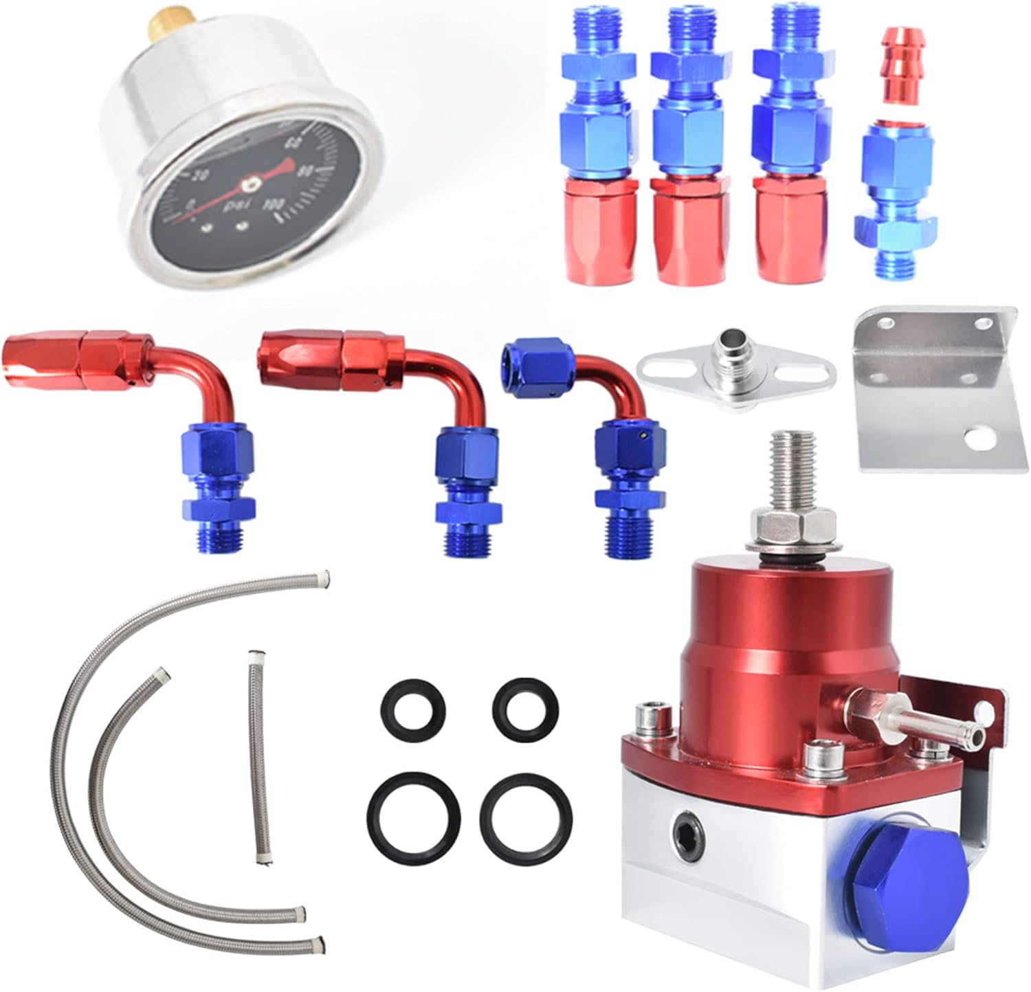 marddpair 0-100 Psi Blue Red Universal Fuel Pressure Regulator Kit with Gauge and AN-6 Fuel Line Hose Pack of 2