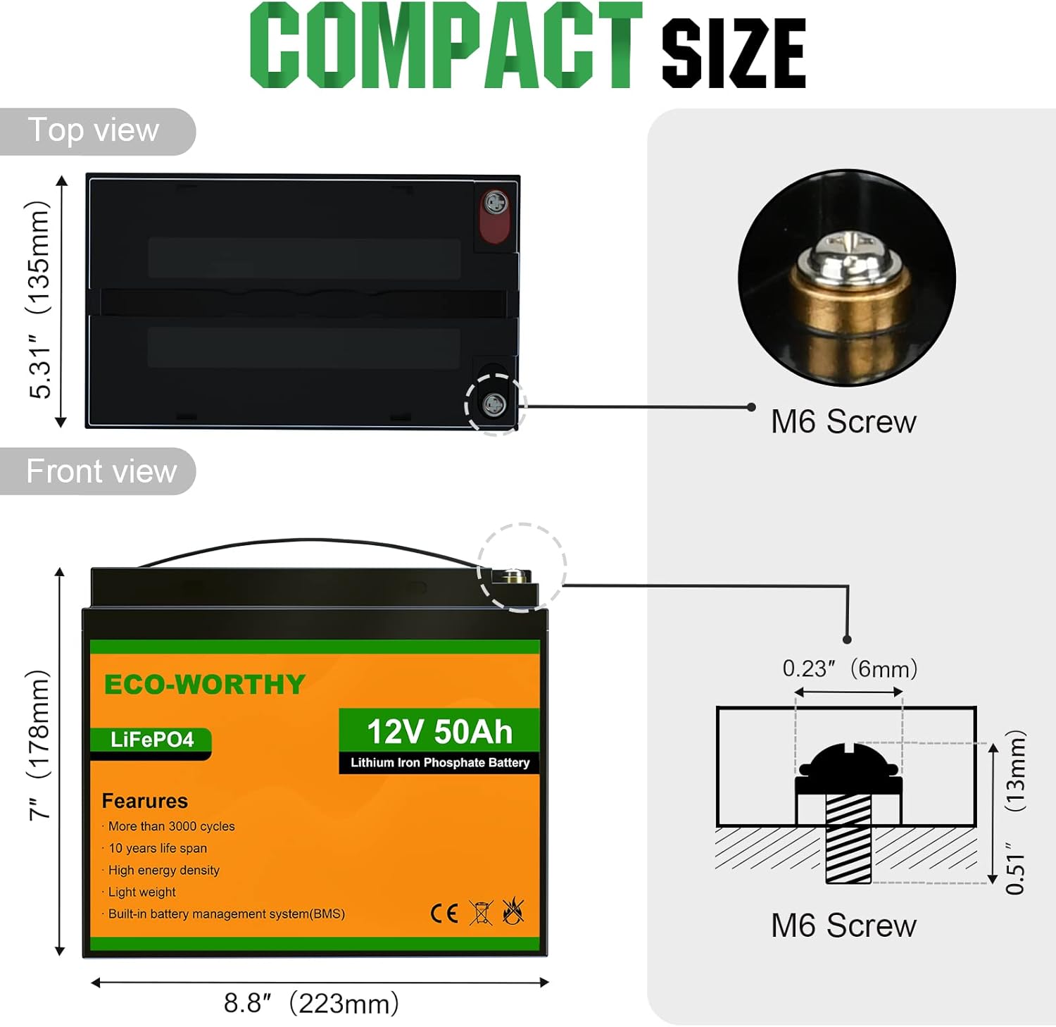 ECO-WORTHY 12V 50Ah LiFePO4 Lithium Battery 3000+ Cycles Rechargeable Iron Phosphate Battery Built-in BMS, Perfect for Travel Trailer, RV, Marine, Solar, Household Battery